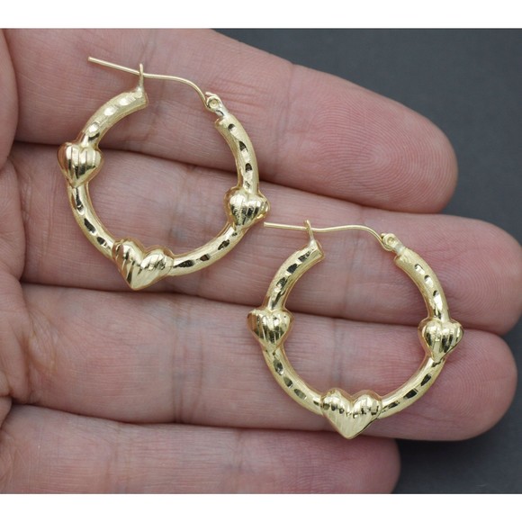 Real 10K Solid Yellow Gold 29mm Triple Heart Bamboo Graduated Hoop Earrings 2 gr